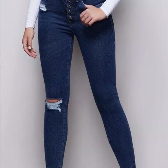 Good American GWEB941T Good Waist Button Front Size 0/25 Blue Skinny Jeans - Picture 1 of 11